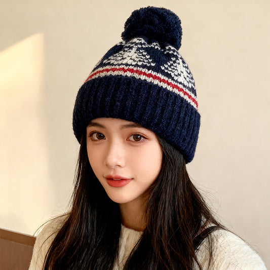 流行帽子｜2025復古費爾島風毛線帽子女冬季加厚保暖針織帽日系護耳毛球冷帽「C4775AA」25.12-1