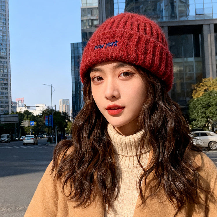 流行帽子｜大頭圍字母刺繡針織毛線帽子女冬季保暖防寒冷帽顯臉小瓜皮包頭帽「C5749」25.10-4