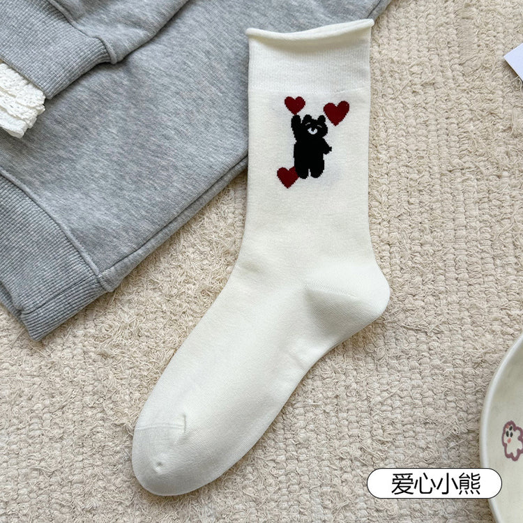 女襪｜卷邊襪子女可愛卡通動物圖案堆堆襪棉質吸汗透氣親膚舒適襪子「WN2515」25.08-4
