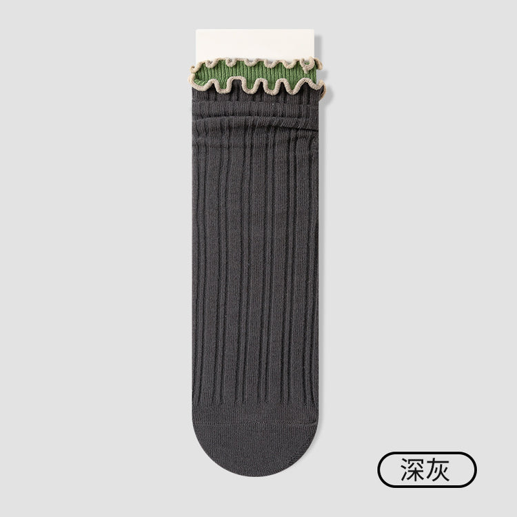 女襪｜雙木耳邊撞色襪子女棉質吸汗透氣彈力堆堆襪耐磨抗起球諸暨襪子「NY2576」25.07-2