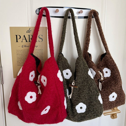 日韓流行｜韓版毛絨花朵刺繡通勤水桶包秋冬新款小眾設計森系簡約毛呢托特包「B219」25.12-2