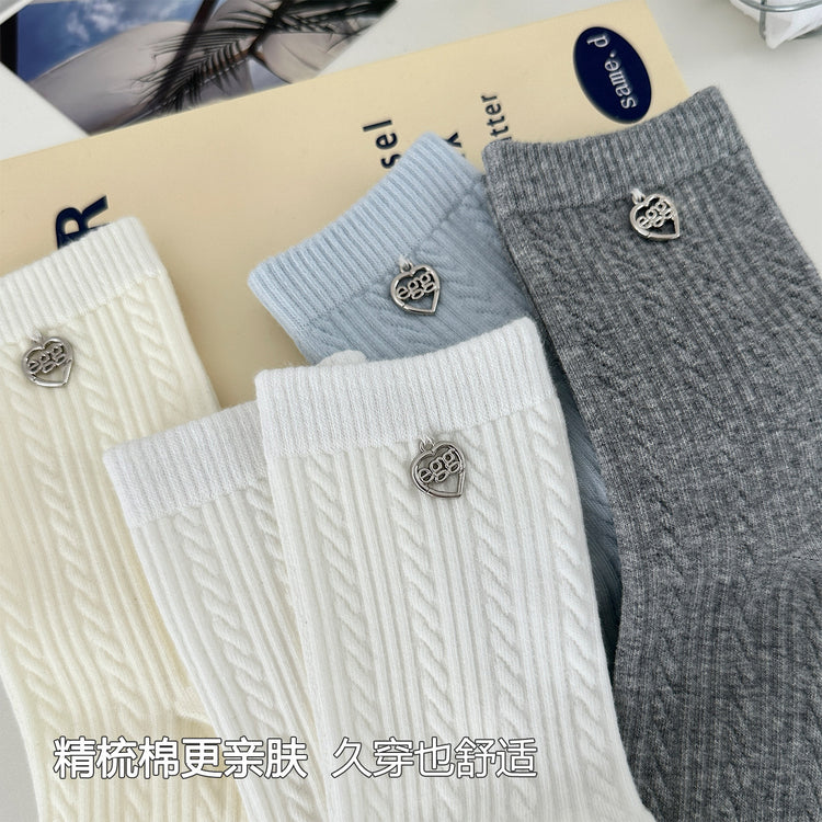 女襪｜襪子女士復古麻花紋理金屬掛飾中筒襪棉質吸汗透氣彈力堆堆襪「SM2508」25.06-1