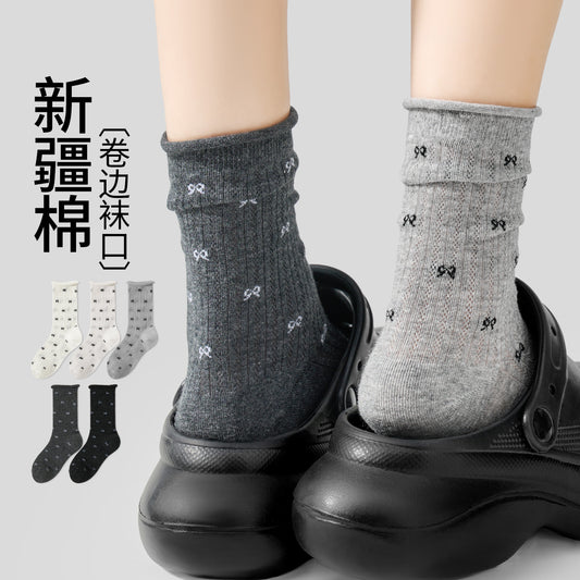 女襪｜蝴蝶結襪子女彈力卷邊網眼透氣中筒襪棉質吸汗親膚舒適襪子「JFT25822」25.07-3