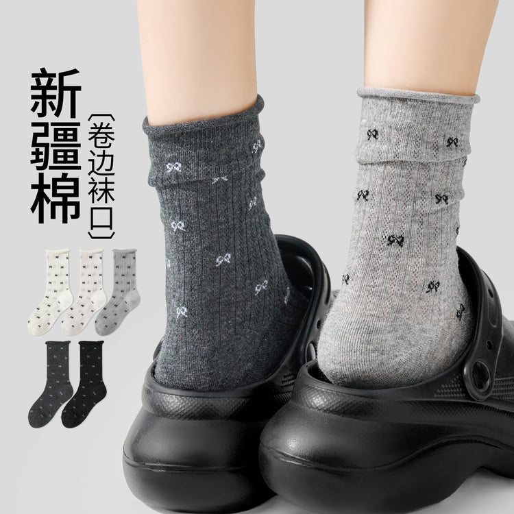 女襪｜蝴蝶結襪子女彈力卷邊網眼透氣中筒襪棉質吸汗親膚舒適襪子「JFT25822」25.07-3
