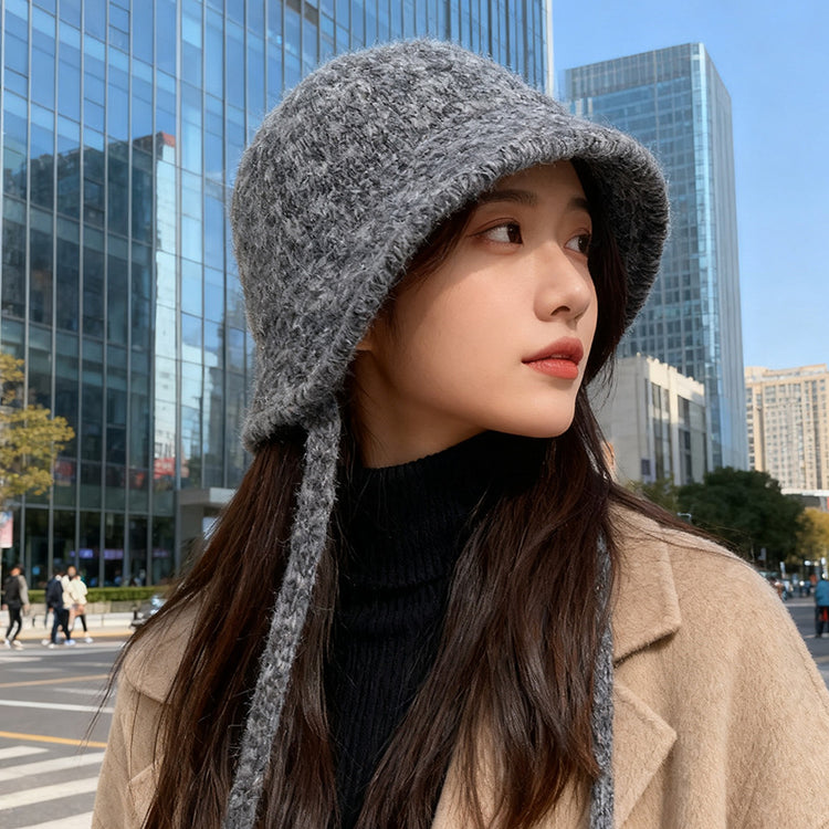 流行帽子｜韓系毛絨針織系帶漁夫帽子女秋冬顯臉小百搭盆帽大頭圍保暖水桶帽「C5743」25.10-4