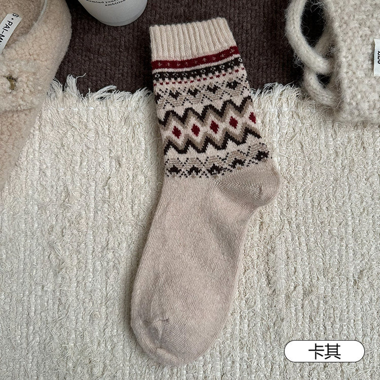 女襪｜費爾島復古羊毛襪子女秋冬季加厚保暖堆堆襪日系文藝彈力中筒襪「TM3741」25.11-3