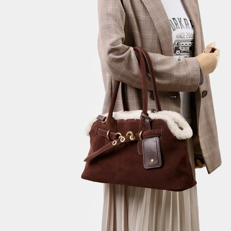 質感真皮｜2025新款復古磨砂毛絨拼接手提包大容量通勤腋下包女包包小眾設計「8358」25.11-3