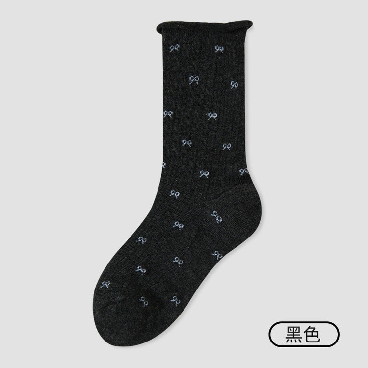 女襪｜蝴蝶結襪子女彈力卷邊網眼透氣中筒襪棉質吸汗親膚舒適襪子「JFT25822」25.07-3