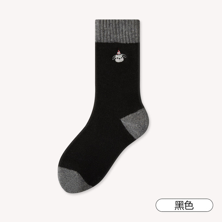 女襪｜美利奴羊毛襪子女ins潮拼色卡通刺繡中筒襪秋冬季加厚保暖堆堆襪「GO2570」25.12-2