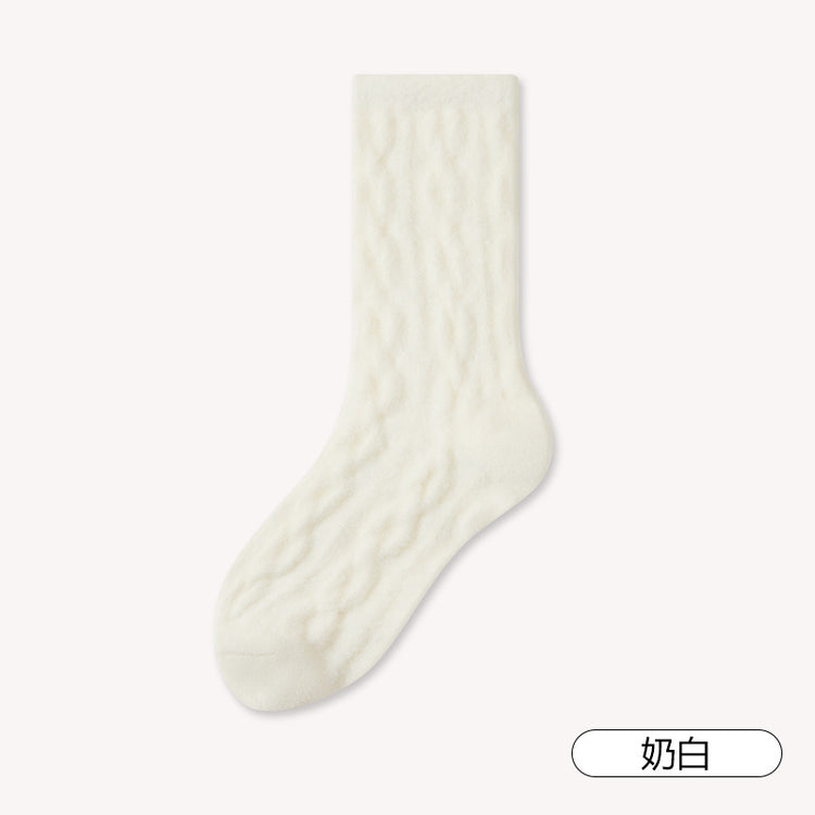 女襪｜澳絨睡眠襪子女冬季加厚保暖中筒襪糖果色麻花紋理居家蓄熱地板襪「TM3599」25.12-1