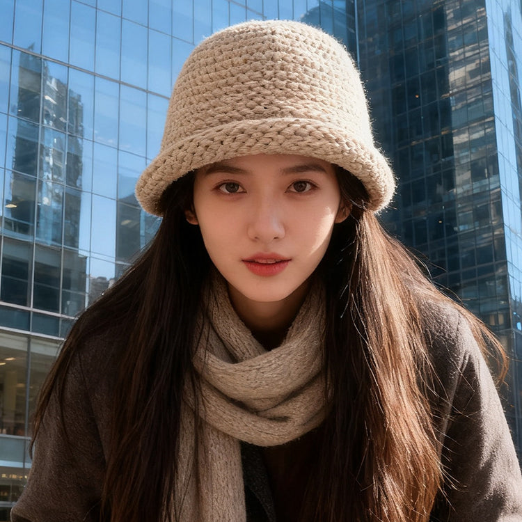 流行帽子｜秋冬日系加厚毛線漁夫帽子女卷邊盆帽純色百搭保暖顯臉小針織帽男「C5653」25.09-5