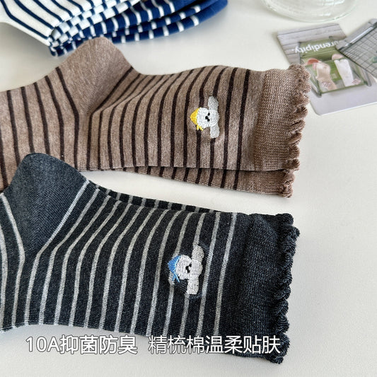 女襪｜10A抑菌襪子女ins潮學院風卡通刺繡運動襪棉質吸汗透氣諸暨襪子「MK5138」25.08-1