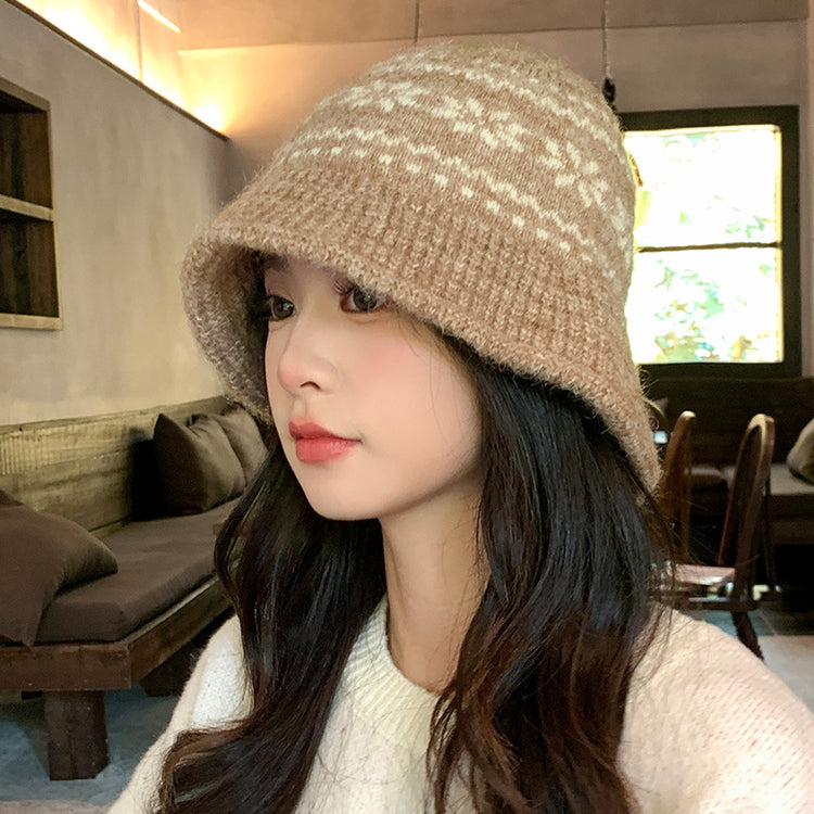 流行帽子｜秋冬日系復古漁夫帽子女雪花針織盆帽加厚保暖百搭顯臉小毛線帽潮「C5644」25.09-4