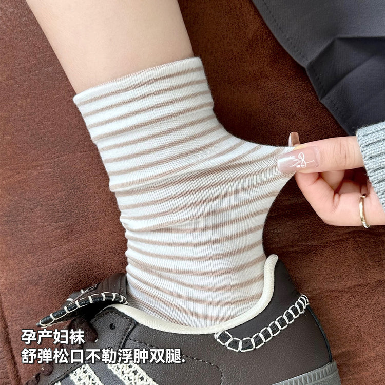 女襪｜條紋襪子女親膚舒適產後哺乳期月子襪彈力無骨吸汗透氣諸暨襪子「SY2519」25.09-4
