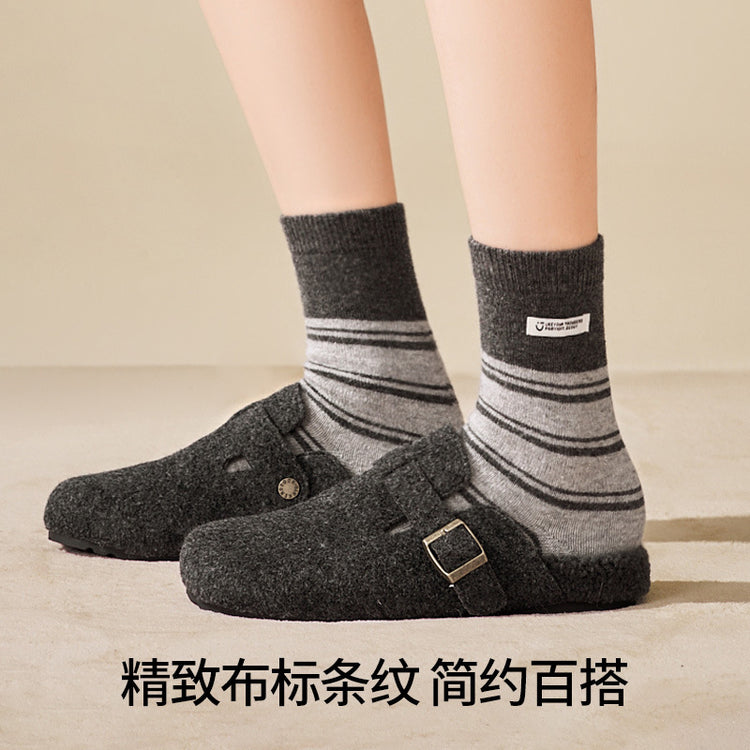 女襪｜布標條紋襪子女冬季加絨加厚保暖美利奴羊毛襪親膚舒適彈力中筒襪「GO25106」25.12-1