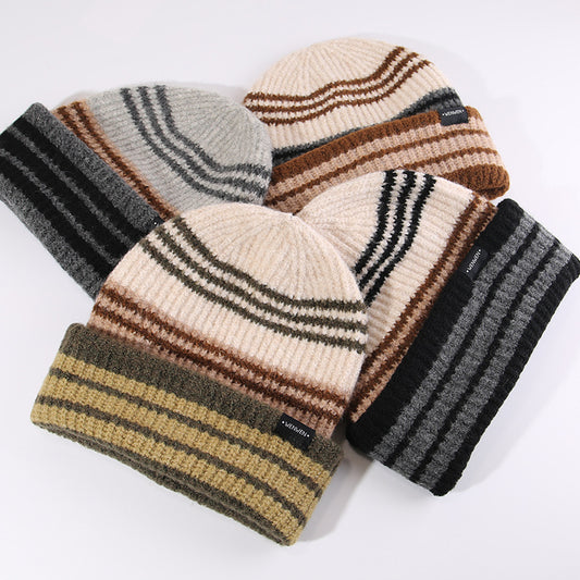 流行帽子｜韓版ins條紋拼色帽子女秋冬保暖針織毛線帽男顯臉小戶外堆堆冷帽「C5865」25.11-4