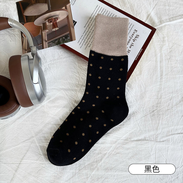女襪｜襪子女士經典撞色波點個性復古堆堆襪秋冬季保暖學院風中筒襪「YJ23128」25.10-1
