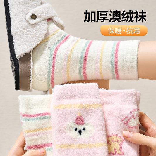 女襪｜澳絨襪子女冬季卡通可愛親膚舒適中筒襪加絨加厚保暖居家睡眠襪「S24084」25.11-2