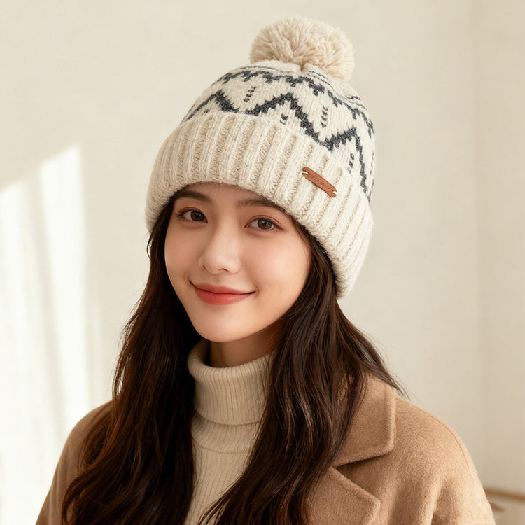 流行帽子｜費爾島風針織帽子女秋冬保暖護耳毛線帽百搭大頭圍顯臉小套頭冷帽「C5828」25.11-3