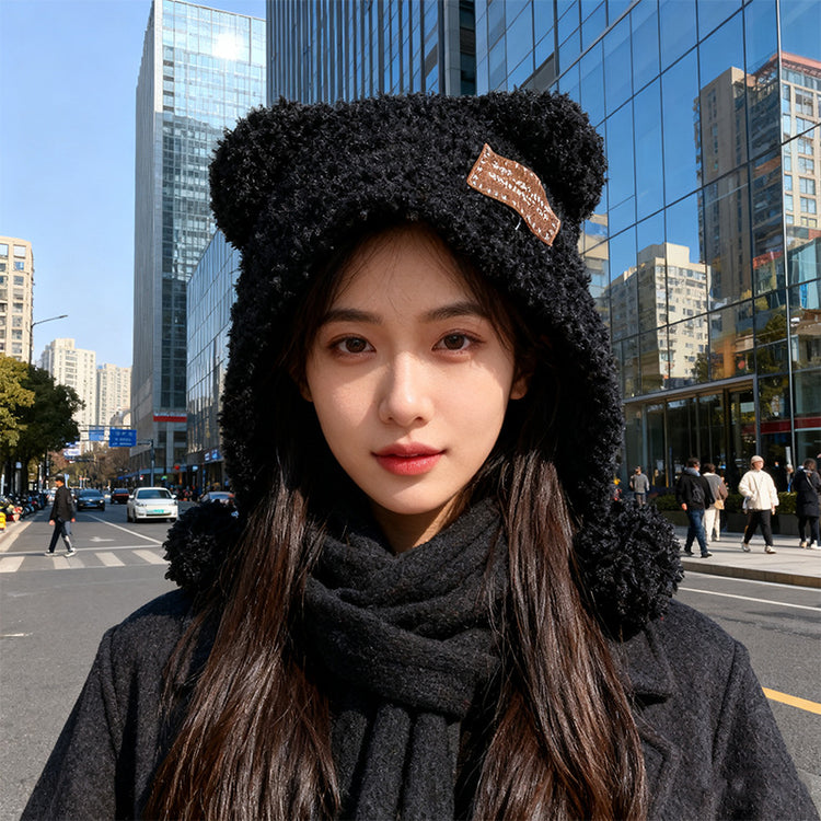 流行帽子｜可愛小熊耳朵球球毛絨帽子女秋冬保暖百搭針織帽護耳防寒「C5746」25.11-1
