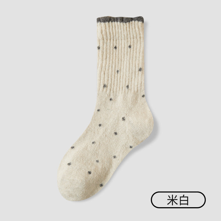 女襪｜復古波點襪子女冬季加絨加厚保暖美利奴羊毛襪親膚舒適彈力中筒襪「GO2576」25.11-1