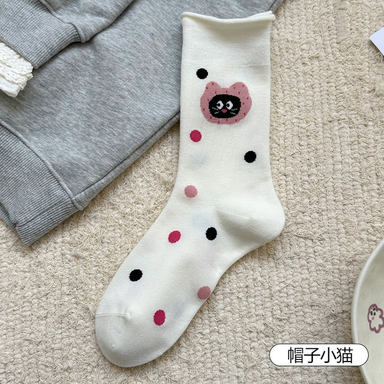 女襪｜卷邊襪子女可愛卡通動物圖案堆堆襪棉質吸汗透氣親膚舒適襪子「WN2515」25.08-4