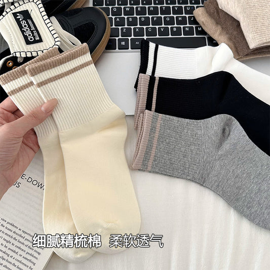 女襪｜灰色襪子女竪條顯瘦羅口二槓學院風運動襪棉質親膚舒適彈力中筒襪「FM5090」25.03-1