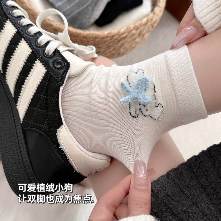 女襪｜襪子女士彈力無骨親膚舒適中筒襪植絨卡通棉質吸汗透氣堆堆襪「XHS25103」25.09-5