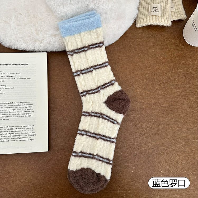 女襪｜撞色條紋襪子秋冬季ins韓版加絨加厚堆堆襪蓄熱鎖溫毛絨中筒襪「H5767」25.11-2