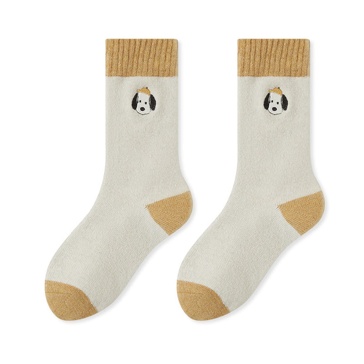 女襪｜美利奴羊毛襪子女ins潮拼色卡通刺繡中筒襪秋冬季加厚保暖堆堆襪「GO2570」25.12-2