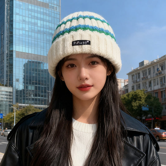 流行帽子｜條紋針織帽子女秋冬新款保暖毛線帽護耳大頭圍冷帽防寒包頭帽男潮「C5705」25.10-3
