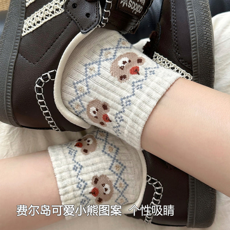 女襪｜費爾島小熊襪子女棉質吸汗透氣彈力無骨短襪學院風通勤好搭休閒襪「XC2321」25.08-2