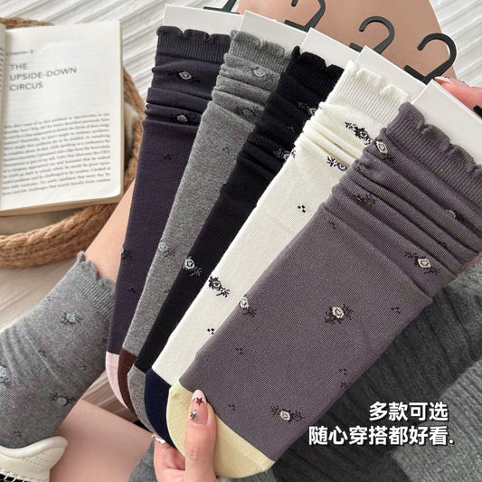 女襪｜襪子女士復古小碎花吸汗透氣中筒襪親膚舒適ins潮花邊堆堆襪「NY2681」25.10-3