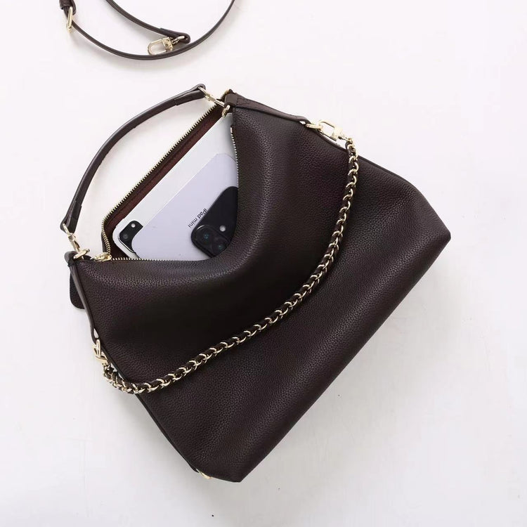 質感真皮｜2025新款潮流時尚百搭休閒頭層軟牛皮鏈條荔枝紋單肩包斜挎通勤托特包「6667」25.12-2