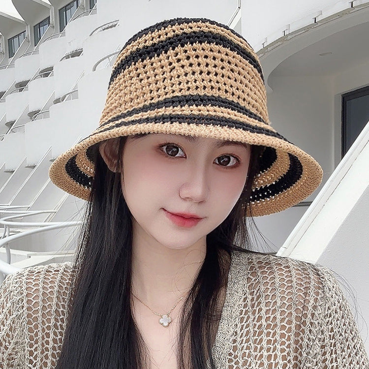 流行帽子｜夏季新款鏤空透氣帽子女編織草帽遮陽沙灘水桶帽海邊太陽帽子批發「C5038」25.05-2