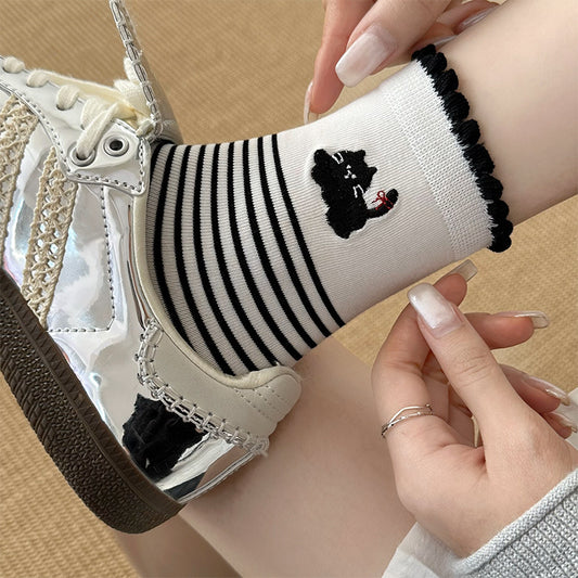 女襪｜條紋撞色襪子女花邊襪口彈力舒適中筒襪棉質親膚吸汗透氣堆堆襪「W0123」25.03-3