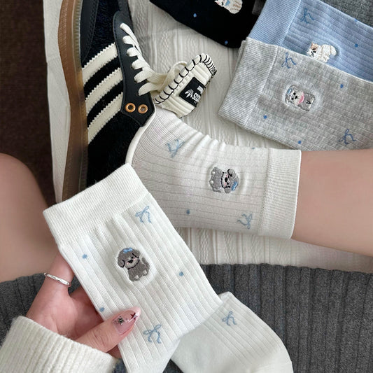 女襪｜襪子女士小狗刺繡卡通趣味減齡中筒襪棉質吸汗透氣彈力堆堆襪「F2523」25.10-3