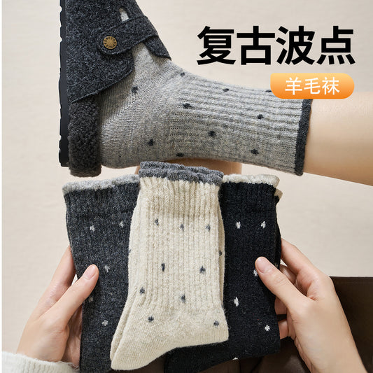 女襪｜復古波點襪子女冬季加絨加厚保暖美利奴羊毛襪親膚舒適彈力中筒襪「GO2576」25.11-1