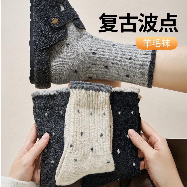 女襪｜復古波點襪子女冬季加絨加厚保暖美利奴羊毛襪親膚舒適彈力中筒襪「GO2576」25.11-1