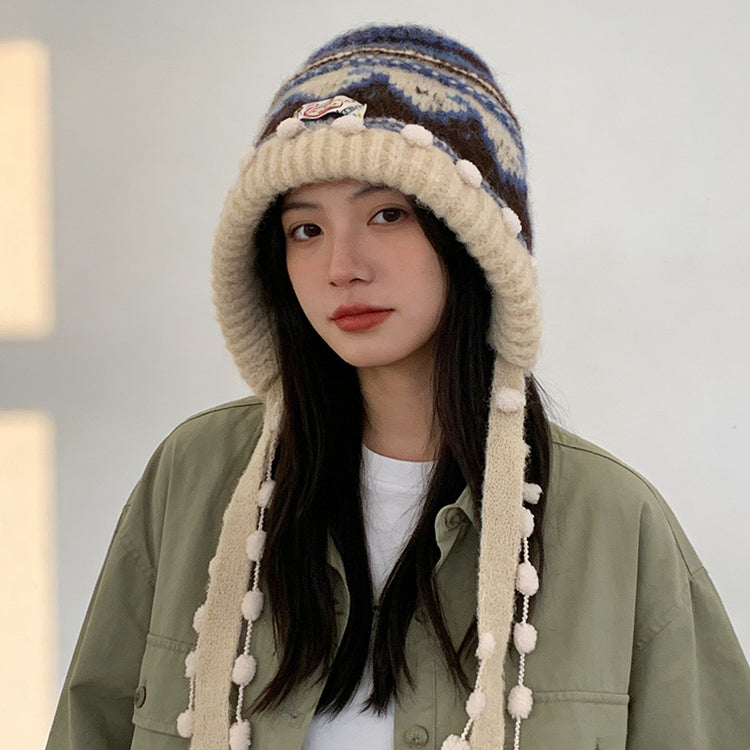 流行帽子｜2025新款費爾島針織毛線帽子女秋冬保暖巴拉克拉法帽護耳包頭帽子「C5896」25.12-2