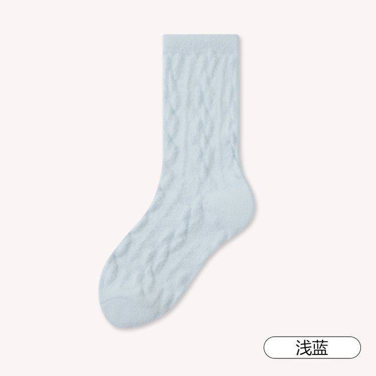女襪｜澳絨睡眠襪子女冬季加厚保暖中筒襪糖果色麻花紋理居家蓄熱地板襪「TM3599」25.12-1