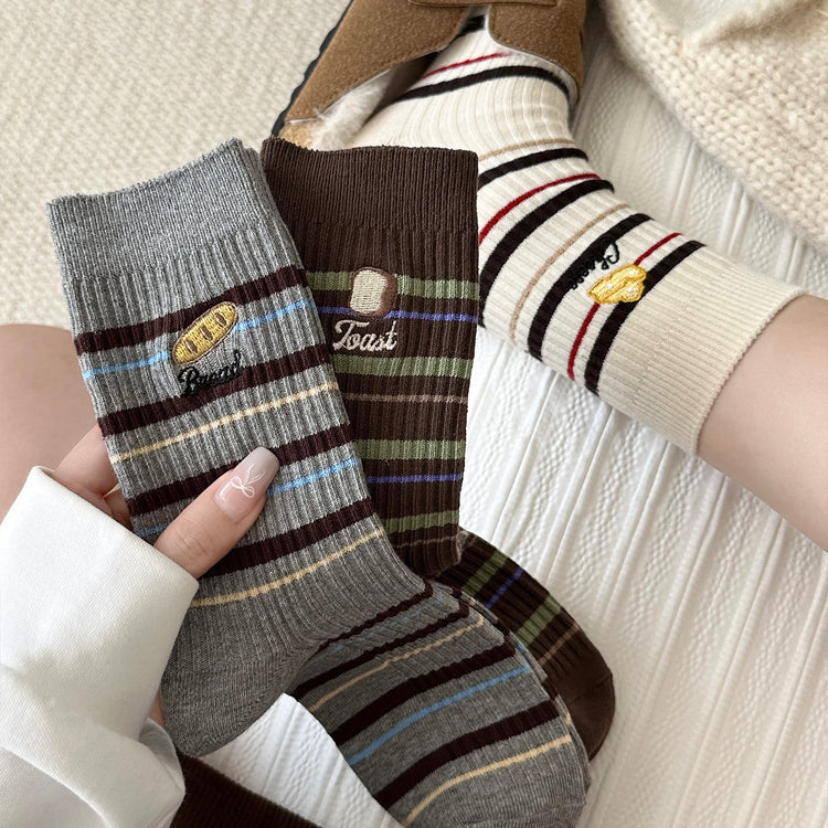 女襪｜趣味刺繡襪子女秋冬拼色條紋潮流彈力中筒襪棉質吸汗透氣堆堆襪「MK5172」25.09-4