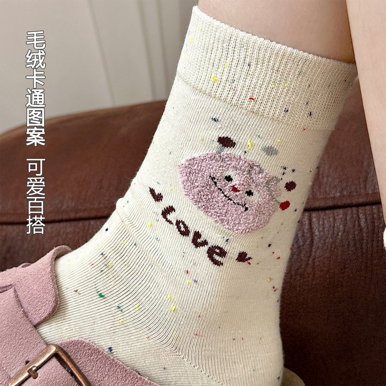 女襪｜點子紗襪子女棉質吸汗透氣彈力無骨中筒襪毛絨卡通親膚舒適堆堆襪「HC5202」25.07-5