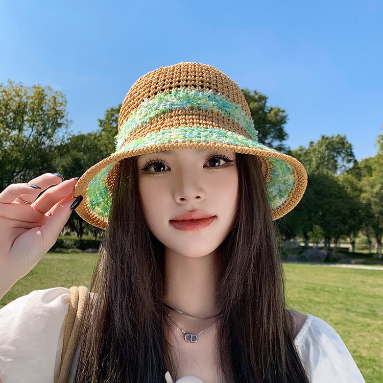 流行帽子｜夏季新款鏤空透氣帽子女編織草帽遮陽沙灘水桶帽海邊太陽帽子批發「C5038」25.05-2