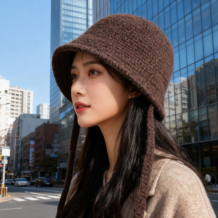 流行帽子｜韓系毛絨針織系帶漁夫帽子女秋冬顯臉小百搭盆帽大頭圍保暖水桶帽「C5743」25.10-4