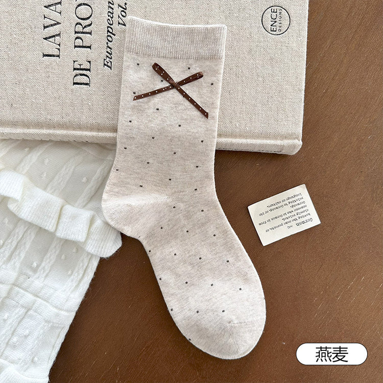 女襪｜miu系蝴蝶結襪子女棉質吸汗透氣彈力中筒襪親膚舒適ins潮堆堆襪「MK5136」25.09-5