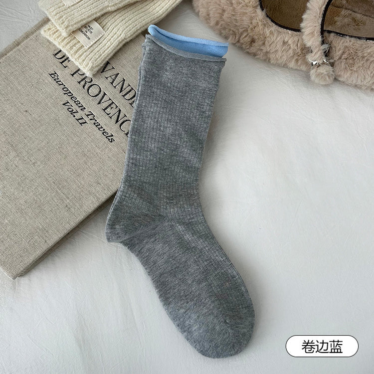 女襪｜灰色羊毛襪子女冬季加絨加厚保暖愛心蝴蝶結堆堆襪彈力親膚中筒襪「HD25856」25.11-2