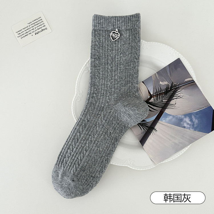 女襪｜襪子女士復古麻花紋理金屬掛飾中筒襪棉質吸汗透氣彈力堆堆襪「SM2508」25.06-1