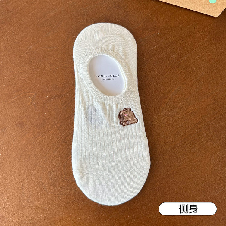 女襪｜襪子女士棉質親膚吸汗透氣彈力無骨隱形襪卡通刺繡不掉跟船襪「H5606」25.05-3