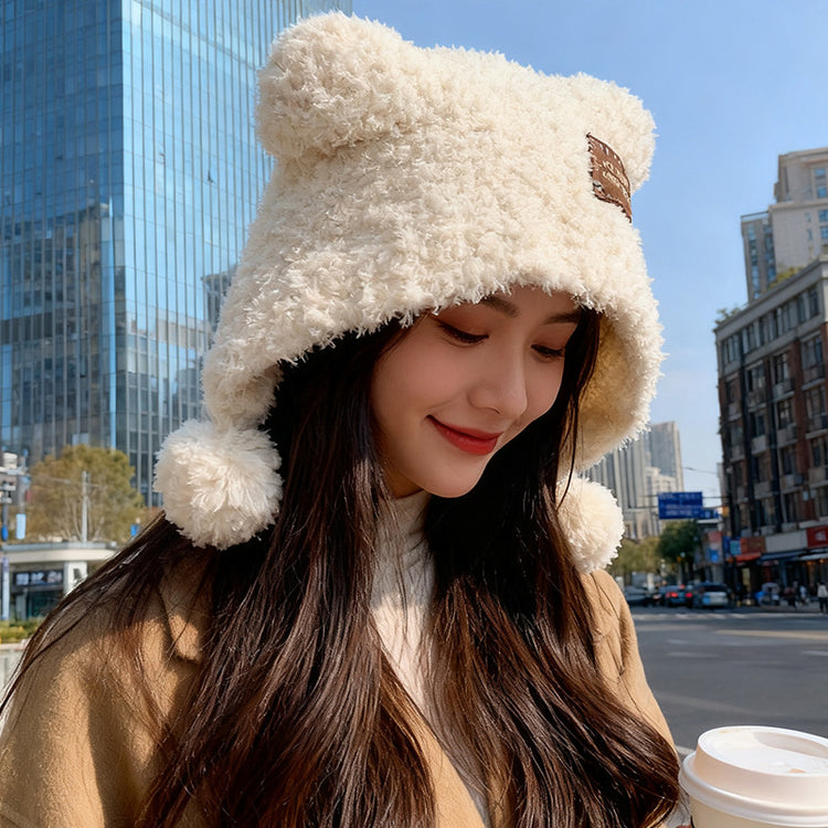 流行帽子｜可愛小熊耳朵球球毛絨帽子女秋冬保暖百搭針織帽護耳防寒「C5746」25.11-1
